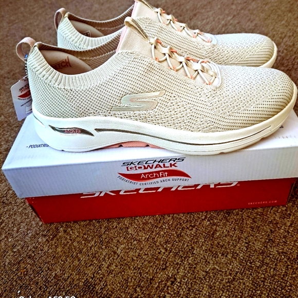 Women`s Skechers GO Walk Arch Fit - Crystal Waves Sneaker 124882-TPPK Taupe/p 10 - Picture 12 of 15